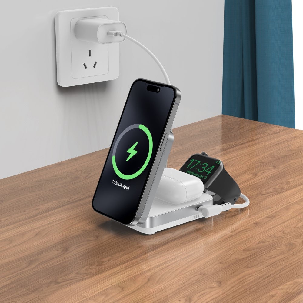 Compact 3-i-1 Qi2 Trådløs Magnetisk Sammenleggbart Ladebase Hvit