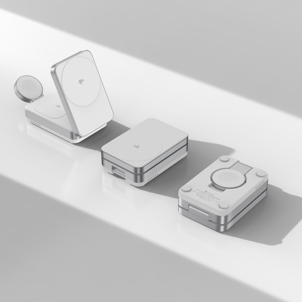 Compact 3-i-1 Qi2 Trådløs Magnetisk Sammenleggbart Ladebase Hvit