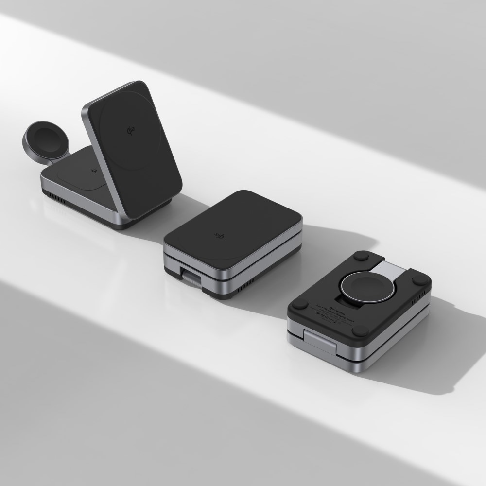 Compact 3-i-1 Qi2 Trådløs Magnetisk Sammenleggbart Ladebase Svart