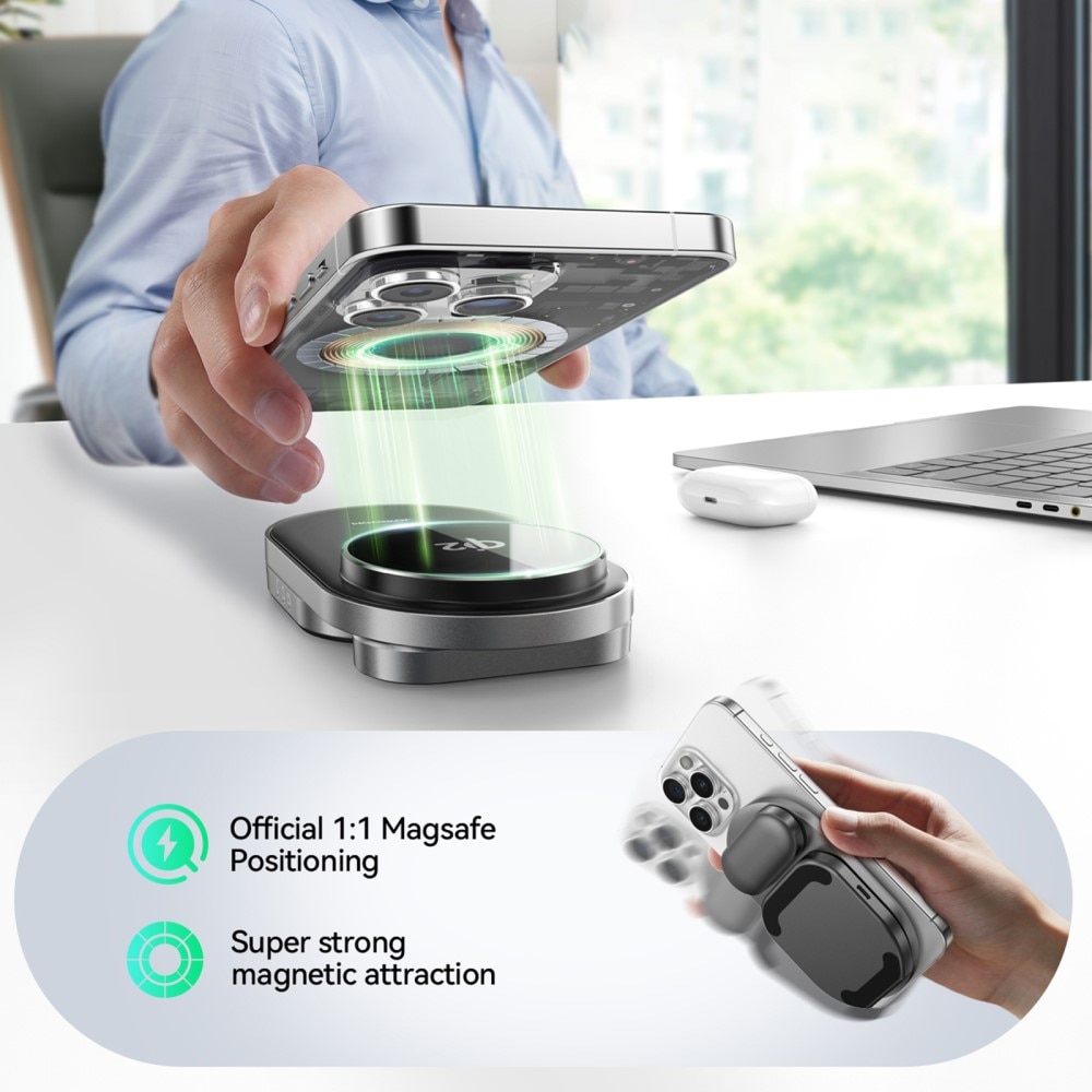3-in-1 Magnetisk Trådløs Sammenleggbar Ladebase Qi2 svart