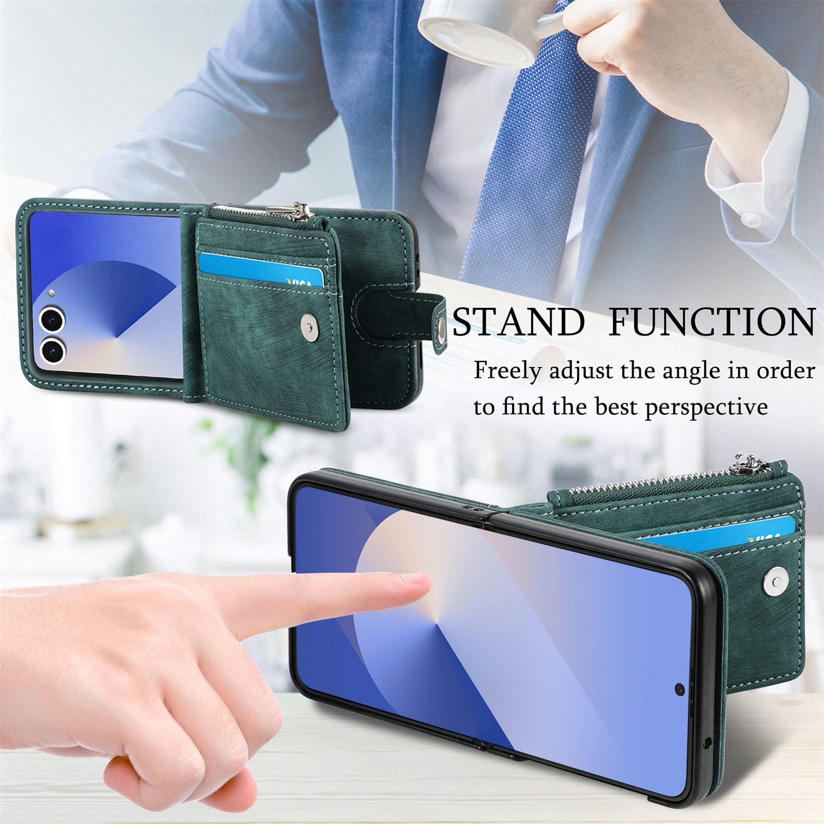 Mobilveske Multi-slot Zipper Samsung Galaxy Z Flip 7 Grønn