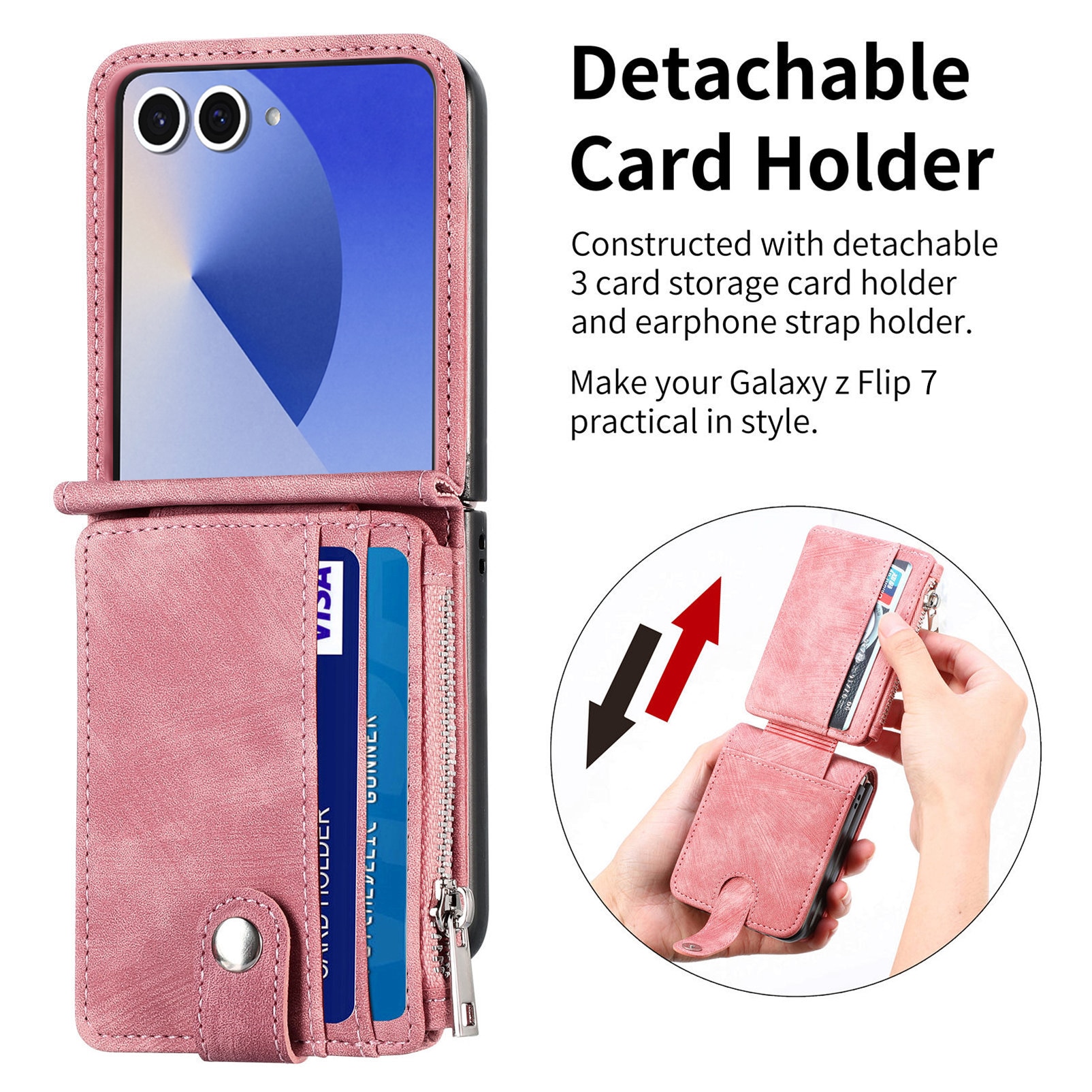 Mobilveske Multi-slot Zipper Samsung Galaxy Z Flip 7 Rosa