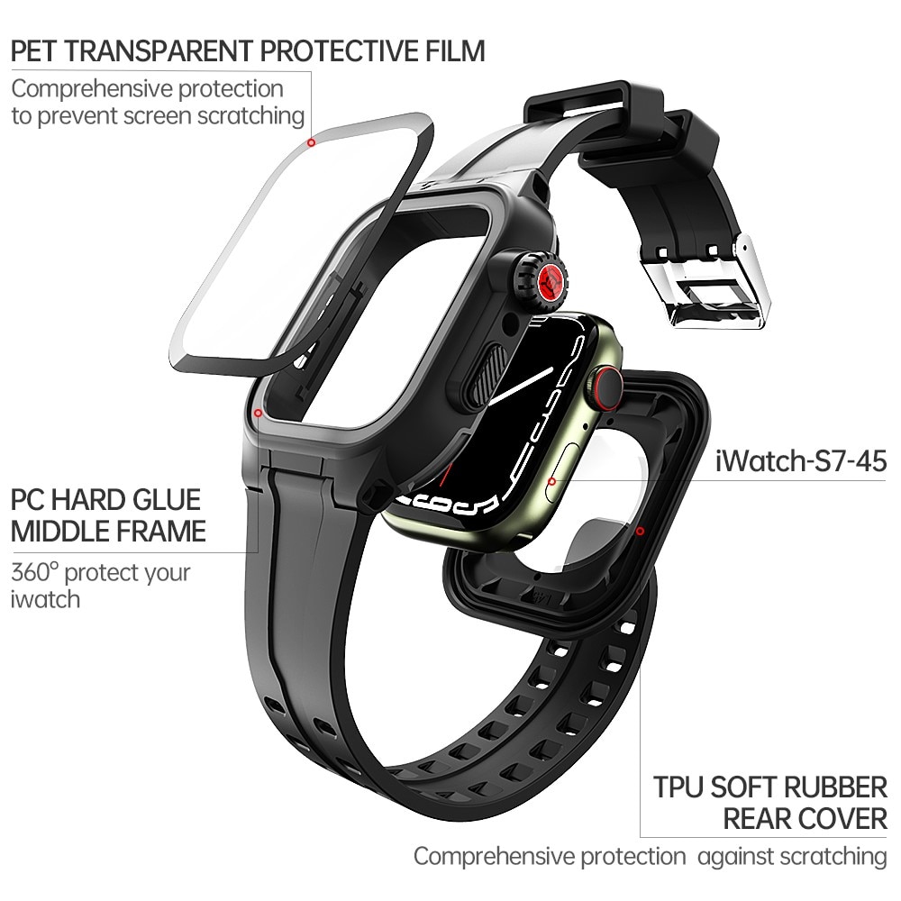 Vannbestandig Deksel + Reim Silikon Apple Watch 45mm Series 8 svart