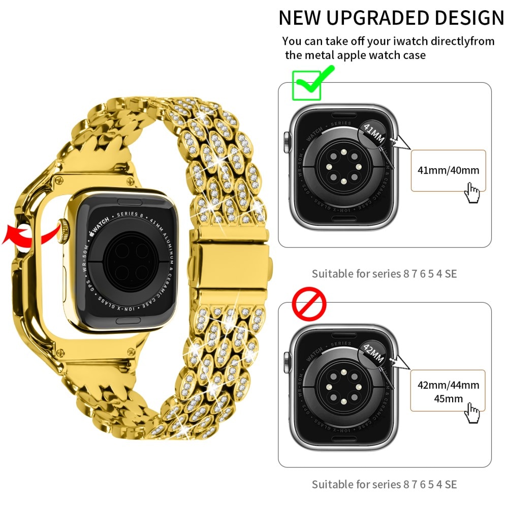Apple Watch 41mm Series 7 Deksel + Rhinestone Metal Reim gull