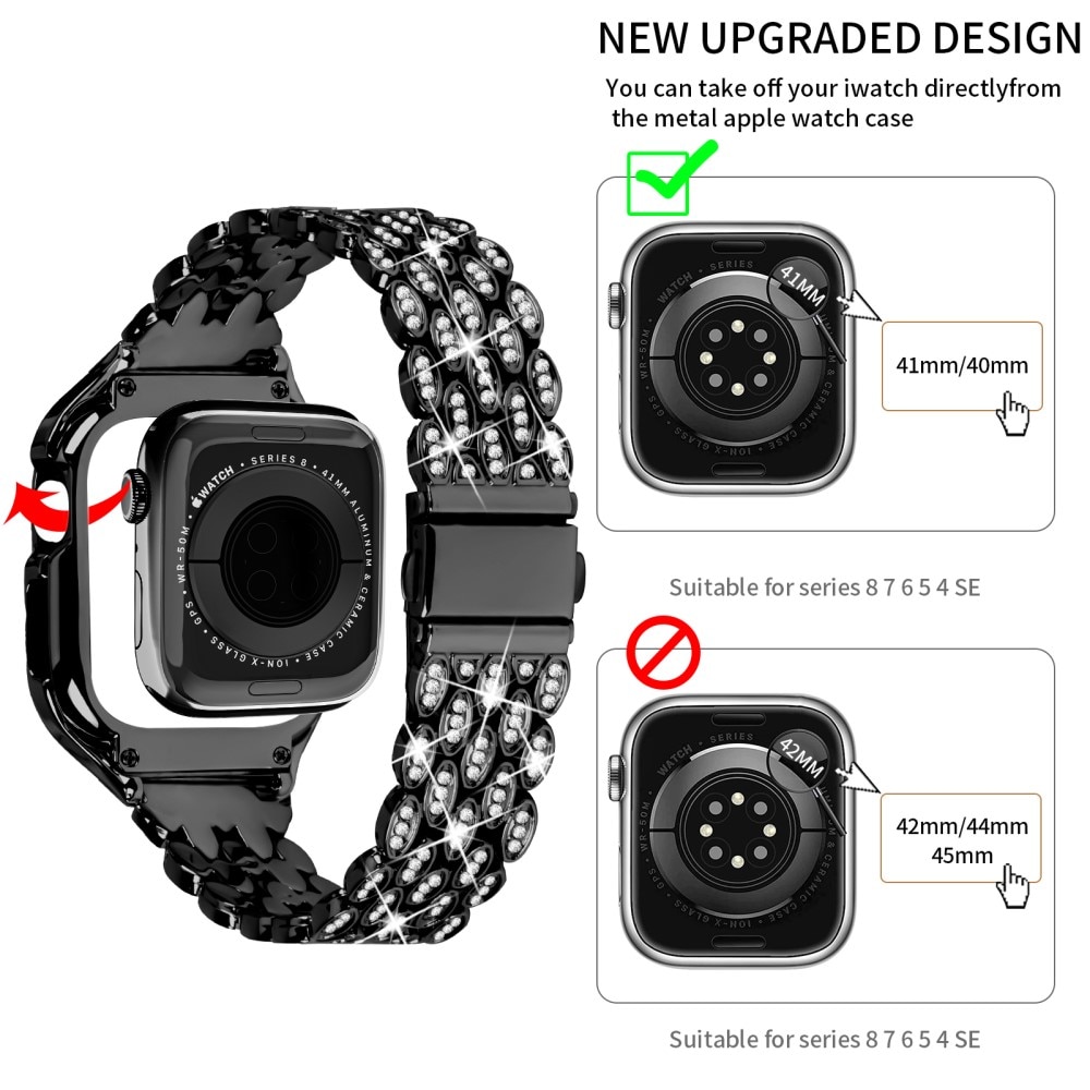 Apple Watch 41mm Series 8 Deksel + Rhinestone Metal Reim svart