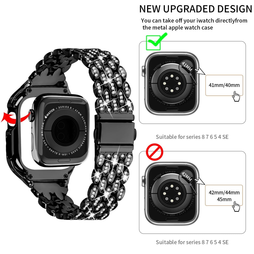 Apple Watch 41mm Series 7 Deksel + Rhinestone Metal Reim svart