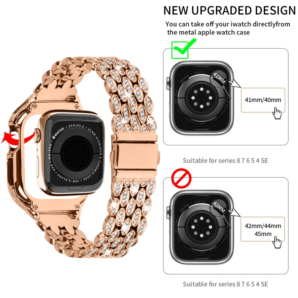 Apple Watch 41mm Series 7 Deksel + Rhinestone Metal Reim rosegull