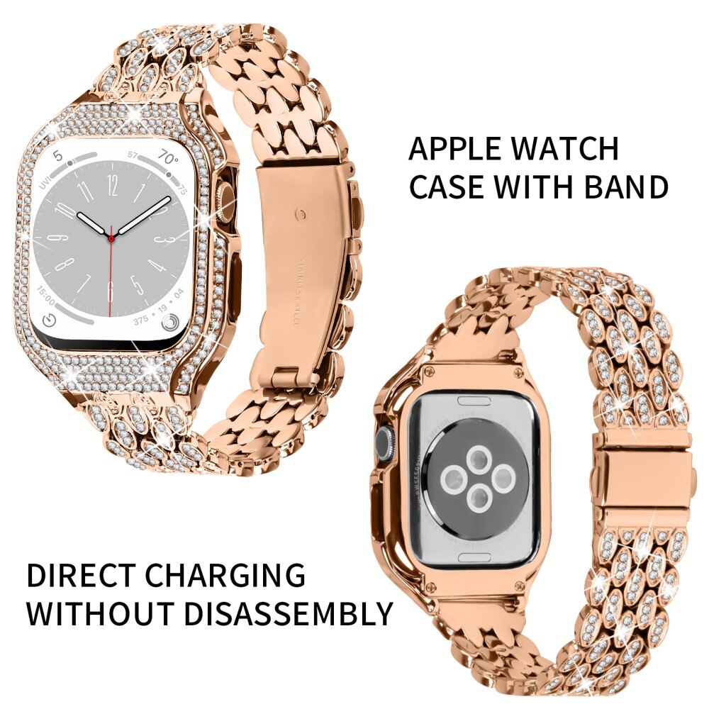 Apple Watch 41mm Series 8 Deksel + Rhinestone Metal Reim rosegull