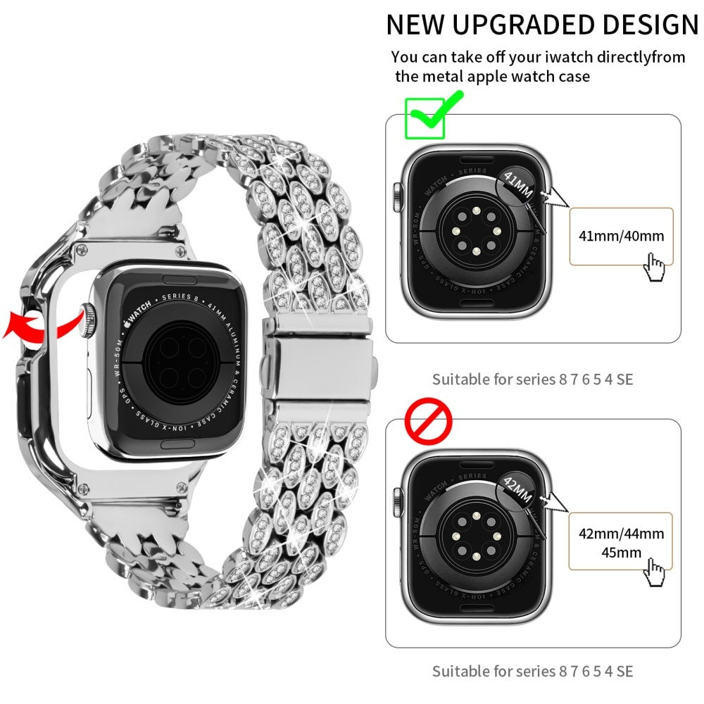 Apple Watch 41mm Series 7 Deksel + Rhinestone Metal Reim sølv