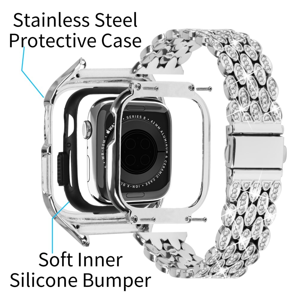 Apple Watch 41mm Series 9 Deksel + Rhinestone Metal Reim sølv