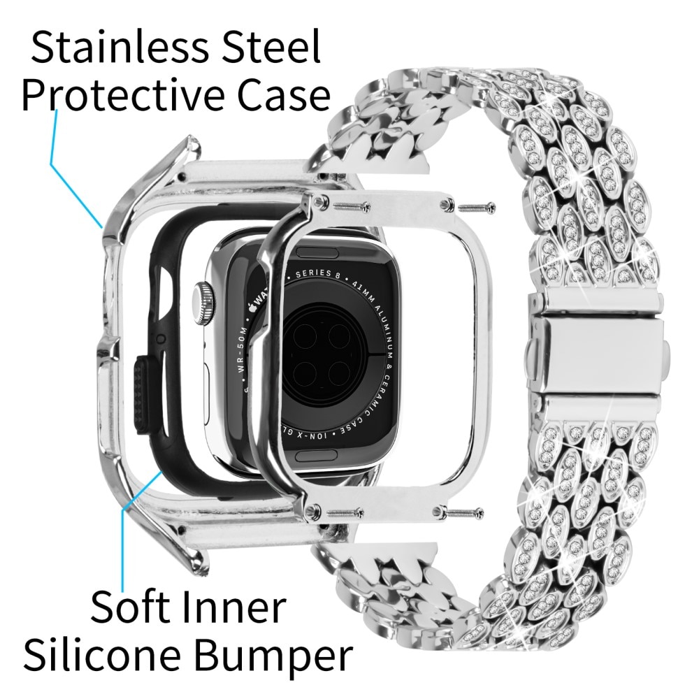 Apple Watch 41mm Series 8 Deksel + Rhinestone Metal Reim sølv