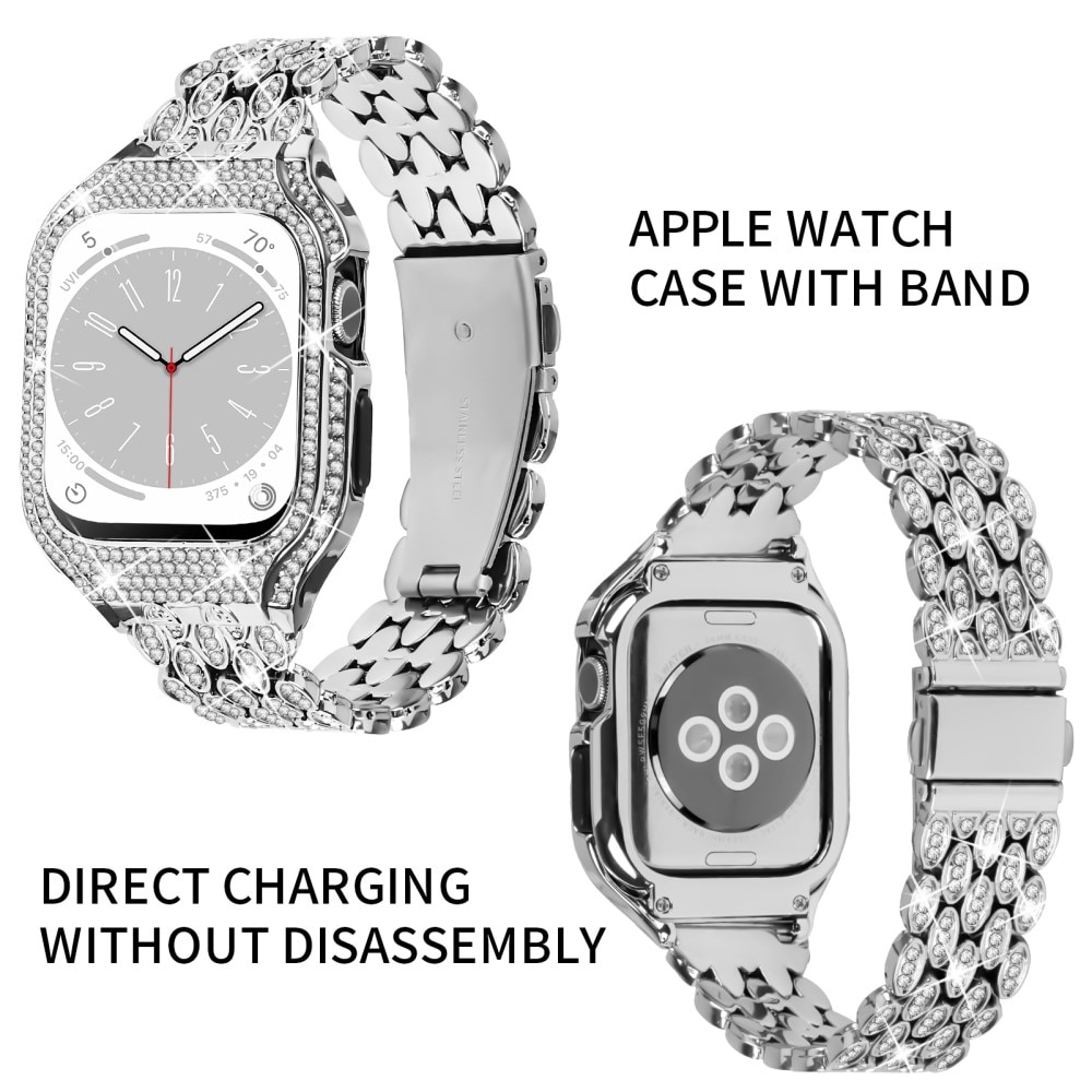 Apple Watch 41mm Series 7 Deksel + Rhinestone Metal Reim sølv