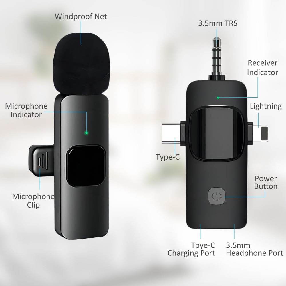 2 trådløse mikrofoner med USB-C / Lightning -mottaker svart