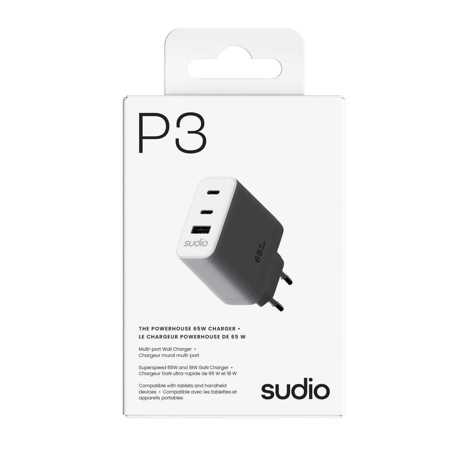 P3 Vegglader 65W 2 x USB-C + USB-A Hvit
