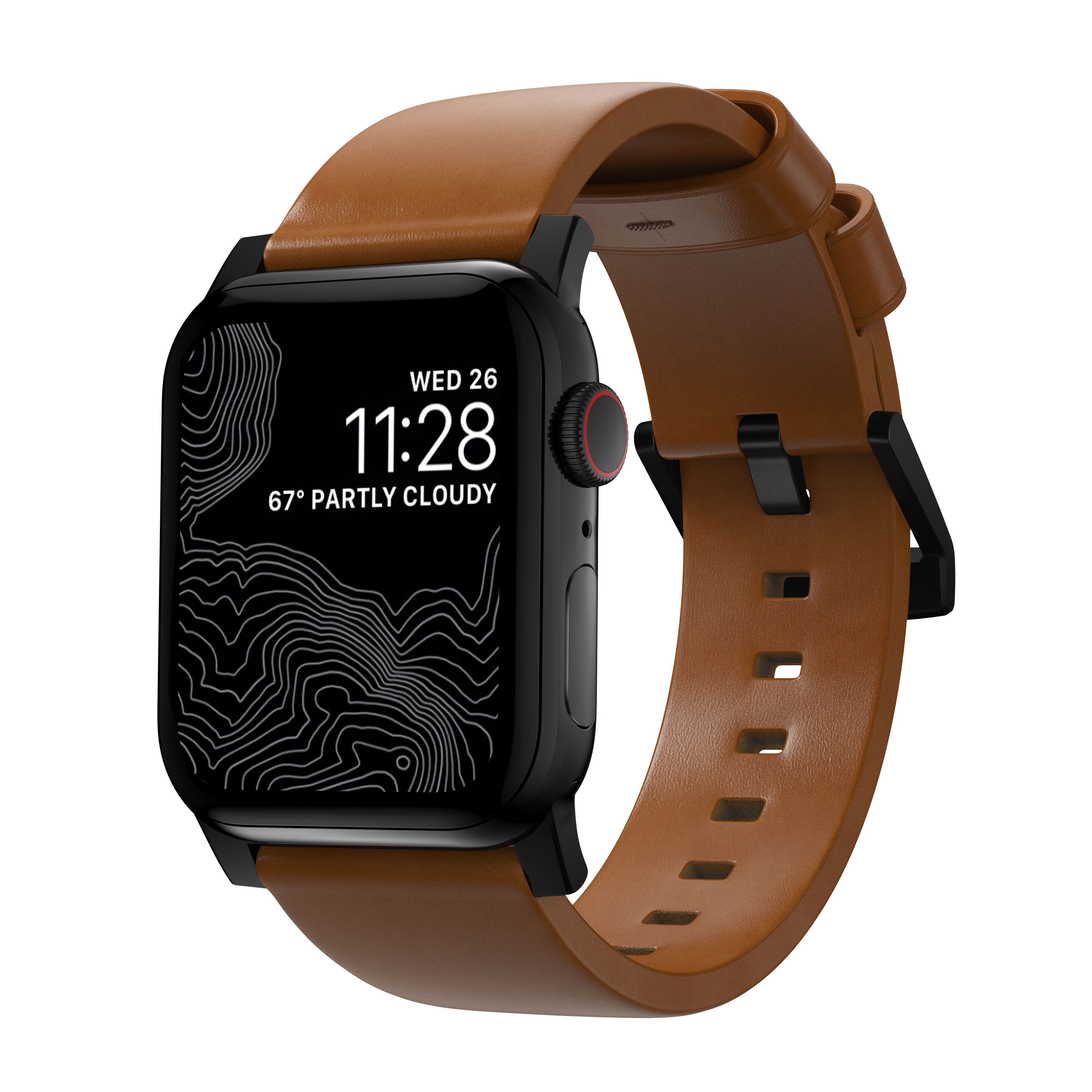 Apple Watch 44mm Modern Leather Band English Tan (Black Hardware)