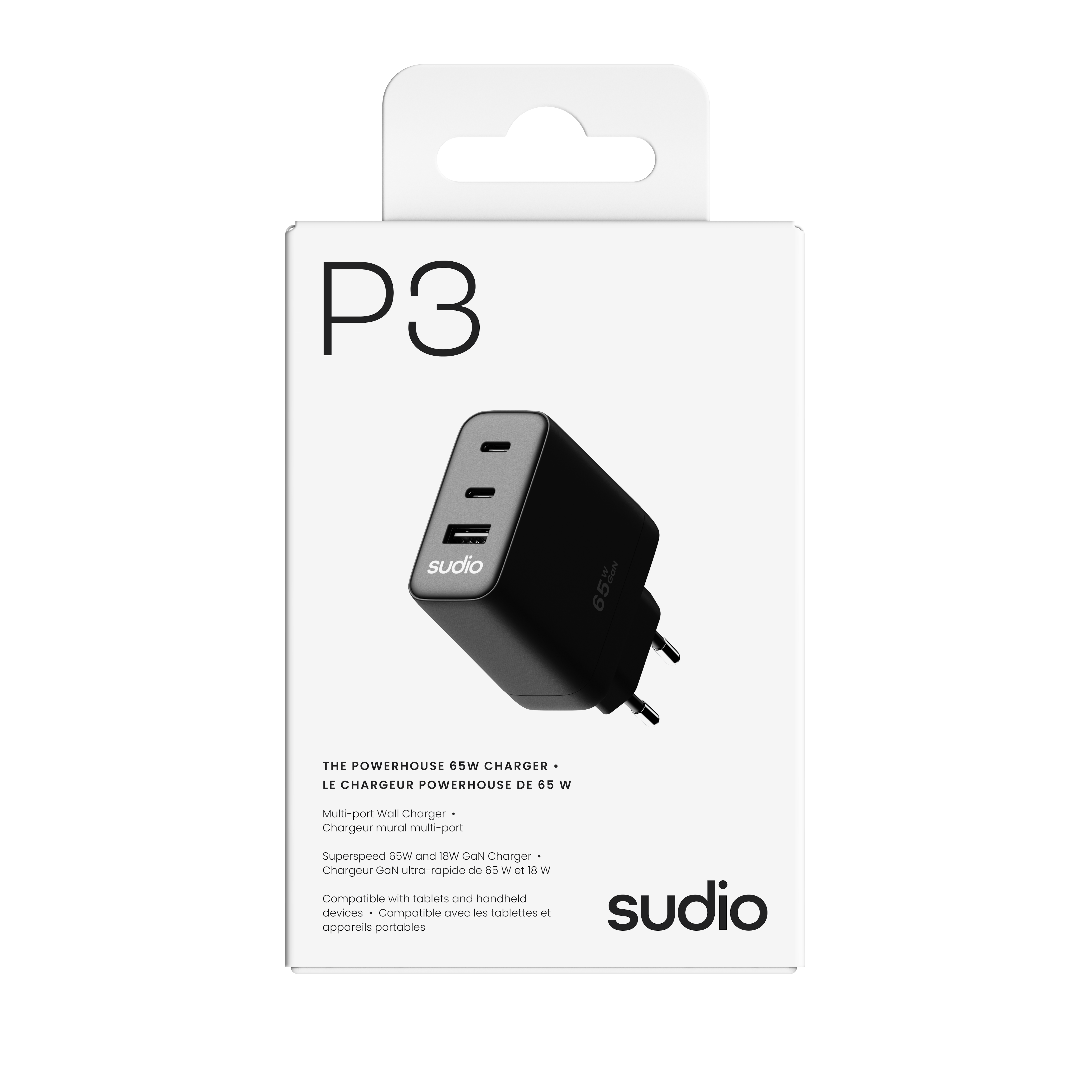 P3 Vegglader 65W 2 x USB-C + USB-A Svart
