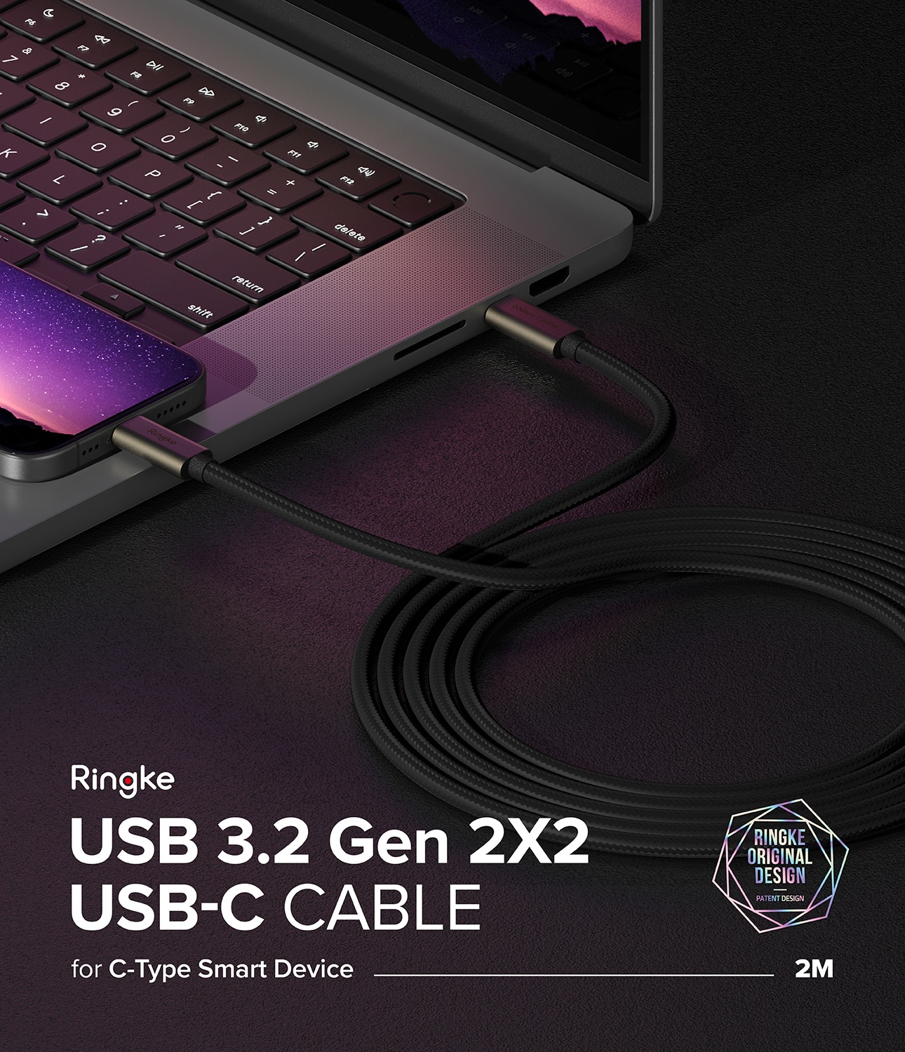 USB-C -> USB-C 3.2 Gen 2x2 Kabel 2m svart